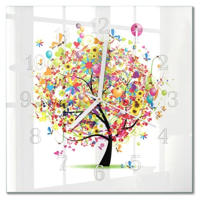 Produktbild von Tulup Glasuhr Wanduhr Küchenuhr Echt-Glas 30x30 cm Modern Dekorativ Geräuschlos Weiße Zeiger - Bunter Baum