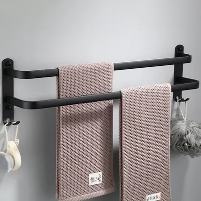 Produktbild von minhgoring Handtuchhalter, Aluminium, Schwarz, 40cm, Ohne Bohren, mit 2 Haken, für Badezimmer Wandmontage, zum Kleben und Bohren
