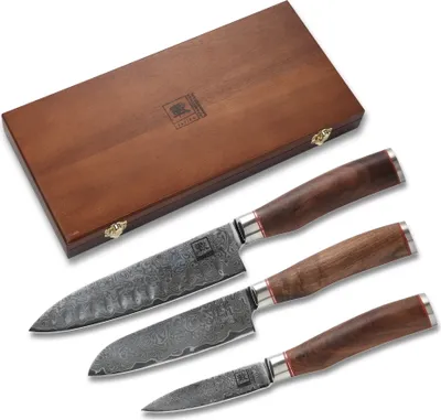 Produktbild von Zayiko Kurumi 3er Damastmesser-Set I 9,5-17,5 cm Klingen I Nussbaumgriffe I Holzbox