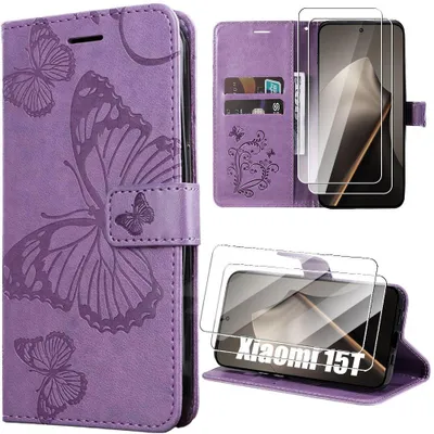 Image de Coque + 2 Verres Trempés pour Xiaomi 15T, Cuir Synthétique Anti-Rayures Motif Papillon Violet