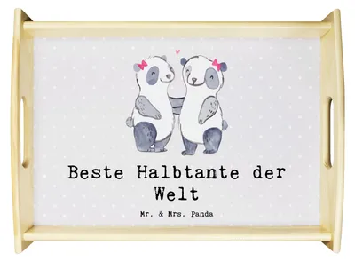 Produktbild von Mr. & Mrs. Panda Tablett Panda Beste Halbtante der Welt - Grau Pastell - Geschenk, Servierplatte Holz, Tante, Holztablett, Servier, aus, Kleinigkeit, Stief, Geschenkidee