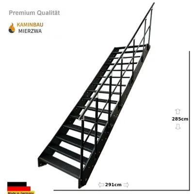 A black metal staircase with railings and grid steps is shown against a white background, with dimensions indicated.