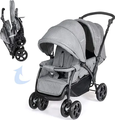 Produktbild von Geschwisterwagen 2 in 1, Doppelkinderwagen Faltbar Zwillingswagen Puppenwagen, Kinderwagen Babywagen mit Doppelsitz, Reisebuggy für Geschwister, Grau