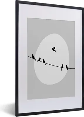Produktbild von MuchoWow® Gerahmtes Poster Vögel - Schwarz - Weiß 40x60 cm - Poster mit Schwarzem Bilderrahmen Wandposter Rahmen Foto Bilder - Poster in Rahmen