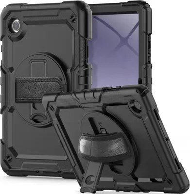 A black protective case for a tablet is shown from multiple angles.