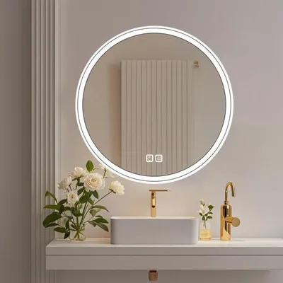 Obrázok produktu pre LED zrkadlo do kúpeľne, okrúhle, priemer 50 cm, biele, s funkciou proti zahmlievaniu, s možnosťou stmievania, 3 teploty svetla, vodotesné