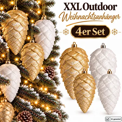 Produktbild von 4 Weihnachtskugeln Outdoor Christbaumkugeln Weiß Gold Tannenzapfen Wetterfest