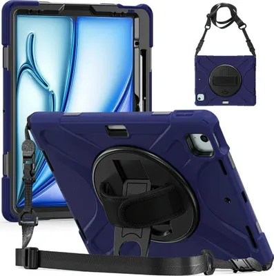 Produktbild von Mobigear SureGrip XGuard iPad Air 13 Zoll (2024) Hülle Kunststoff,Silikon Backcover + Stifthalter + Schulterträger + Ständer - Marineblau