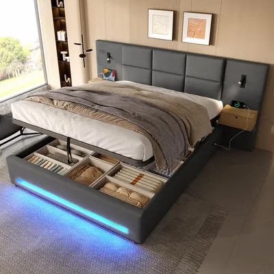 Obrázek produktu pro STILVORA čalouněná postel 180×200 cm, postel s úložným prostorem, sametovým čelem, praktickými úložnými zásuvkami, LED nočním světlem, USB-C konektory a hydraulickým úložným prostorem pod postelí, tmavě šedá