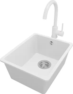 Produktbild von PRIMAGRAN Unterbauspüle Granit Weiß 36x44cm, Spülbecken 1 Becken + Küchenarmatur 32x20cm + Ablauf-Set, Granitspüle ab 40er Unterschrank - Venedig Easy