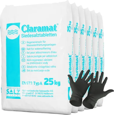 Produktbild von Claramat Siedesalztabletten 150kg Regeneriersalz inklusiv 1 Paar ARNOMED Einweghandschuh