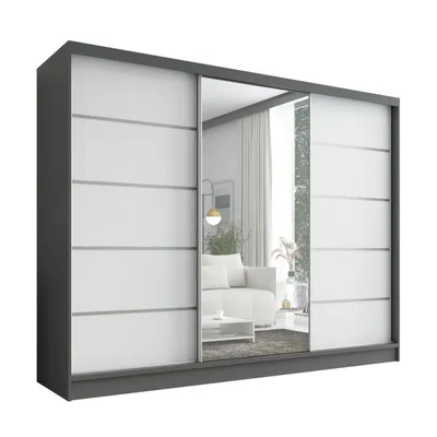 Produktbild von Schwebetürenschrank, 3-türig Schrank 200 cm mit Spiegel ARIVA 1 (Graphit, Weiß )