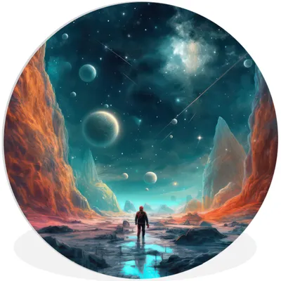 Produktbild von MuchoWow® Rundes Wandbild - Runde Bilder Berge - Weltraum - Planeten - Astronaut Ø 90 cm Kreis Wanddekoration Kunststoff - Wandkreis - Wandschmuck - Wand-Kreis - Wohnzimmer - Bild - Runde - Wanddeko - Dibond - Kunstdrucke