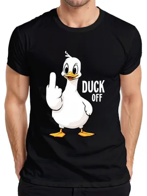 Zdjęcie produktu dla DUCK OFF Funny Duck Middle Finger Cheeky Sarcastic Statement T-Shirt Męski, Czarny, L