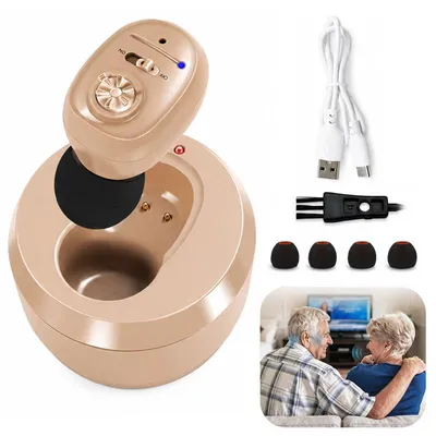 Produktbild von Hörverstärker für Senioren, wiederaufladbar, mit Geräuschreduzierung, 40 Std. Laufzeit, großer Lautstärkeregler, ergonomisch, Beige, mit Geschenkbox