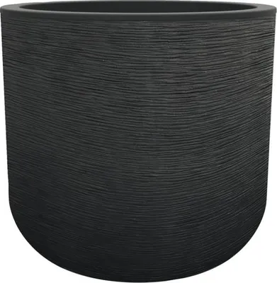 A dark gray, textured round planter is shown against a white background.