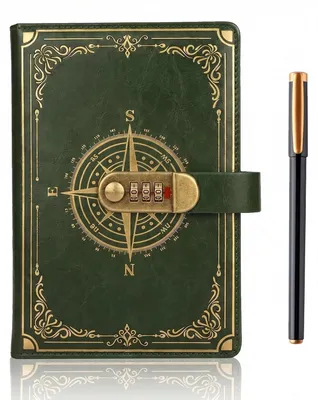 Image de Carnet de notes format A5 avec cadenas, en cuir vintage, design représentant une boussole, 200 pages, incluant un stylo, couleur verte