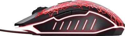 A black gaming mouse with red and white LED lighting, shown from the side against a white background.
