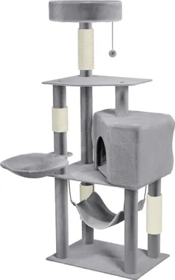 Obrázek produktu pro LARS360 Škrabadlo pro kočky 133,5 cm, světle šedé – velké škrabadlo/prolézací strom se sisalovými sloupky, plošinami, houpací sítí, košíkem a domečkem pro kočky, místem na hraní a spaní