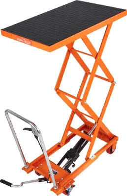 Immagine prodotto di SucceBuy Carrello elevatore idraulico con capacità di carico di 330 libbre, altezza di 127 cm, dotato di 4 ruote e superficie antiscivolo, ideale per il trasporto e la movimentazione di materiali, arancione