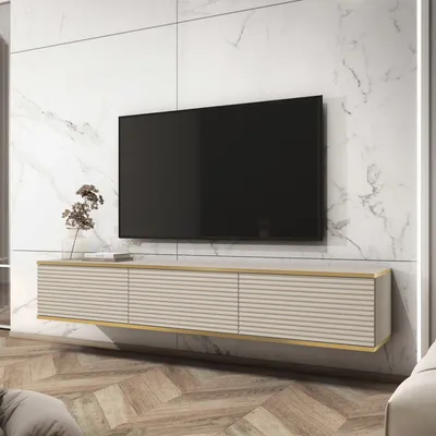 Produktbild von BETTSO Wisząca szeroka szafka RTV do salonu półka telewizyjna trzydrzwiowa nowoczesny stolik telewizyjny do salonu ORO 175 cm Fronty listwowe Beżowy