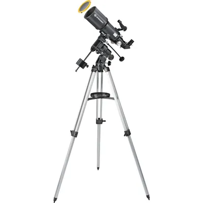 A telescope on a tripod against a white background.