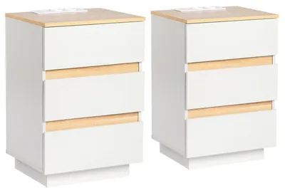 Immagine prodotto di Set di due comodini con funzione di ricarica e prese USB, colore bianco, 3 cassetti, dimensioni 38 x 32 x 56 cm