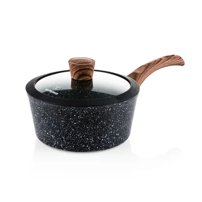 A speckled black saucepan with a glass lid and a wooden handle and lid knob, set against a white background.