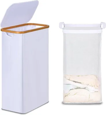 Immagine prodotto di Cesto portabiancheria in bambù con coperchio - piccolo cesto da 75 litri con manici in bambù - pieghevole