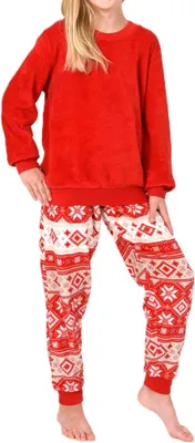 Produktbild von Normann Mädchen Schlafanzug mit Bündchen aus kuscheligen in Norweger Optik ; rot , 176