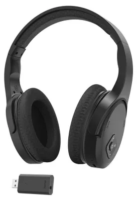 A pair of black over-ear headphones and a USB transmitter are shown against a white background.
