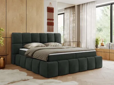 Produktbild von MKS MEBLE Boxspringbett, Doppelbett NIRA mit dekorativem Kopfteil, Multipocket-Matratze und Topper, Polsterbett mit Bettkästen - 200 x 200 cm - H3 - Dunkelgrau Struktur