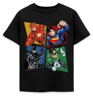 Produktbild von Spreadshirt DC Comics Justice League Superhelden Kinder T-Shirt, 98/104 (3-4 Jahre), Schwarz