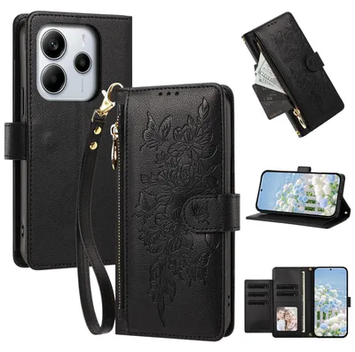 Produktbild von Handyhülle für Xiaomi Redmi Note 14 4G, Wallet Case Kunstleder mit Kartenfächern, Reißverschluss und Handschlaufe Schwarz