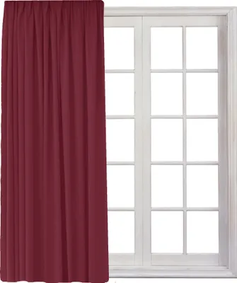 A burgundy curtain is shown partially covering a white-paned window.