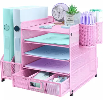 Zdjęcie produktu dla Omgoods - Organizer biurowy z 5-warstwowym pojemnikiem na dokumenty i 2 uchwytami na długopisy - różowy