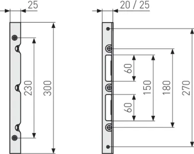 Technical drawing of a security strike plate with dimensions.
