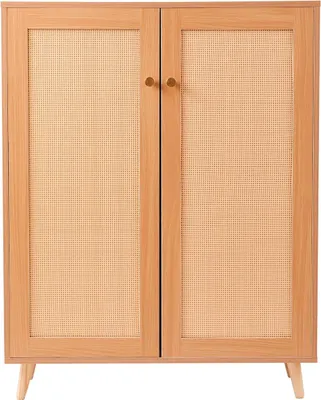 Image de Meuble à chaussures en rotin à 5 niveaux, 2 portes et étagères réglables