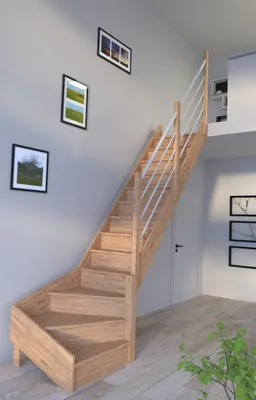 Produktbild von Holztreppe Rhodos in 1/4 gewendelter Ausführung rechts-Eiche-Holz-Edelstahl Geländer weiß-rechts-mit Setzstufen