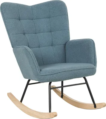 Produktbild von Schaukelstuhl, Schaukelsessel mit Berbervliesoptik, Armlehne, Gepolsterter Sessel mit Holzkufen, Relaxsessel für Wohnzimmer, Schlafzimmer, bis 120kg belastbar, Hellblau