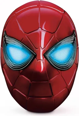 A close-up of a Spiderman mask with glowing blue eyes.