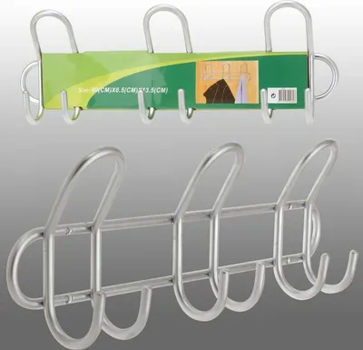 A silver metal coat rack with six hooks, shown from the front and from a product package.