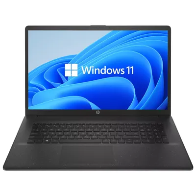 A black HP laptop is shown from the front with the screen displaying the Windows 11 logo and wallpaper.