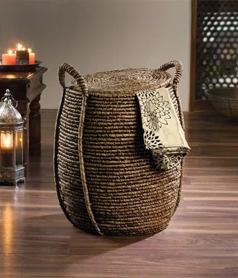 Image de Panier à linge "Oriental Heat" en jonc de mer & bambou, grand panier de rangement avec couvercle, collecteur de linge