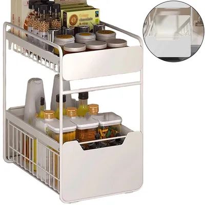 Produktbild von 2-stöckiger Küchen-Organizer für Unterschrank oder Arbeitsfläche, Metallregal für Gewürze, Reinigungsmittel & Küchenzubehör