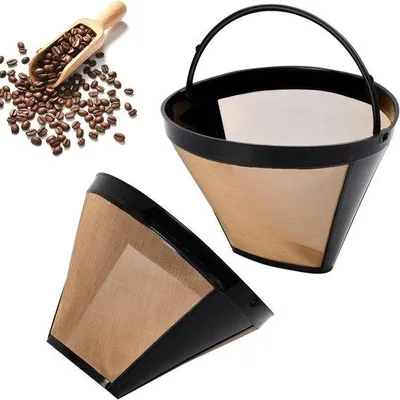 Image de Filtre à café en acier inoxydable, réutilisable, filtre à café durable, panier-filtre, filtre à café lavable avec poignée, accessoires pour le café, lot de 2 pièces.