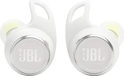 A pair of white JBL wireless earbuds are shown against a white background.