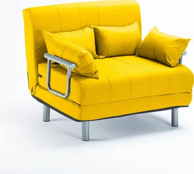 A yellow sofa bed with two throw pillows, shown from a three-quarter angle against a white background.