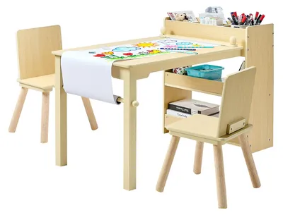 Productafbeelding van VEVOR Kindertafel en stoelset, knutseltafel voor peuters met een opbergkast met 3 niveaus, houten speeltafel voor kinderen met 2 stoelen, speeltafel voor knutselen, lezen, leren, tekenen en schrijven, in licht hout