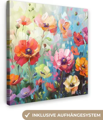 Produktbild von MuchoWow® - Leinwandbilder - Blumen - Farbenfroh - Aquarell - Natur - Sommer, Wandbild, Wanddeko Bilder Wohnzimmer, 90x90 cm